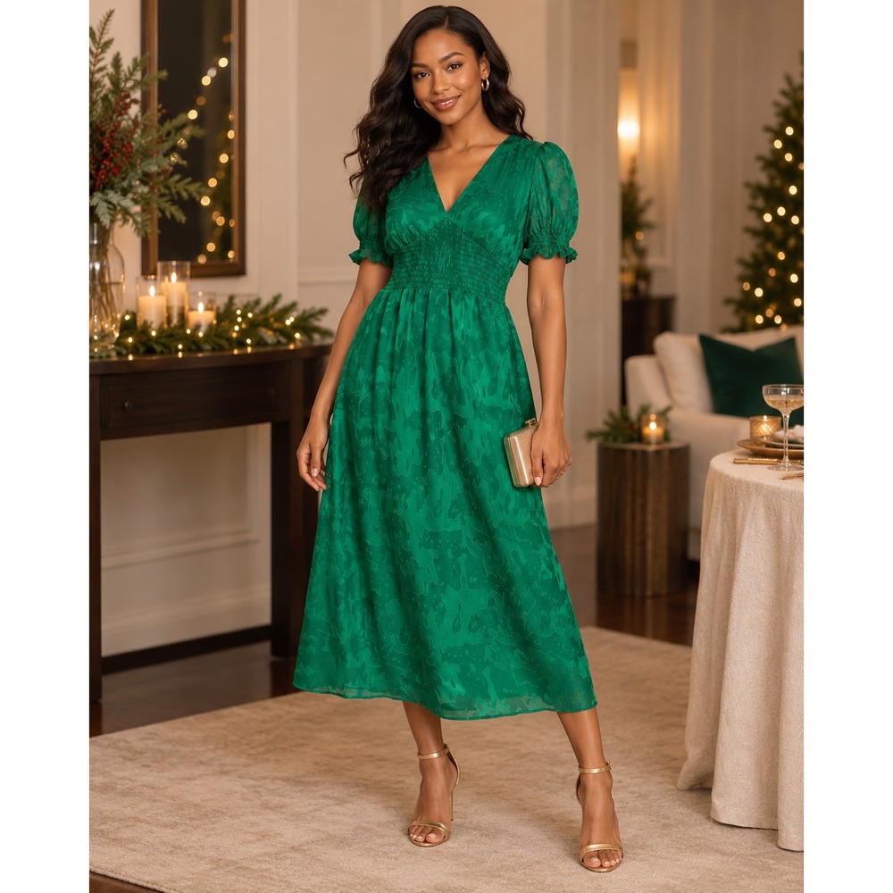 Hutch Empire Smocked Ruffle Short Sleeve Maxi Dress Holiday Green Pockets Size 6